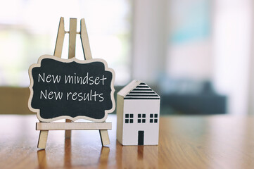 Poster - image of small blackboard with the text new mindset new results. success and personal development concept