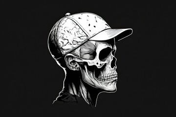 Sticker - Skull of a human wearing a fool's cap. Ink and black paper drawing. Generative AI