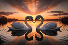 Two Swans Making A Heart Shape, Sunset Landscape, Generative AI Digital Illustration