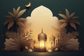 Islamic Ramadan holiday banner with glowing lantern, moon and mosque