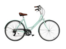 Green Retro Bicycle, Side View. Brown Leather Saddle And Handles. Vintage Look City Bike. Png Isolated On Transparent Background