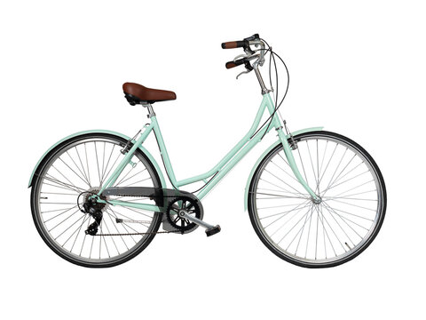 green retro bicycle, side view. brown leather saddle and handles. vintage look city bike. png isolat