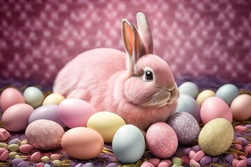 Wall Mural - Pink easter bunny and many eggs