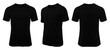 T-Shirt schwarz mit V-Ausschnitt mit kurzen Ärmeln freigestellt mit transparentem Hintergrund, 3 Ansichten Vorderansicht, Rückansicht und Seitenansicht
