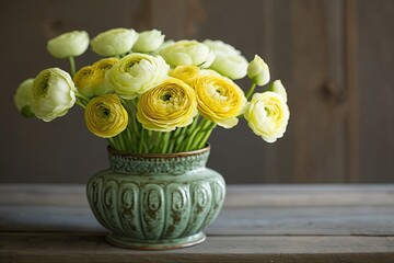 A bunch of yellow Persian buttercup flowers in a vase on a wooden table, lit by natural light and shot with gentle selective focus and ample copy space. The Indoor Spring Fling (Ranunculus