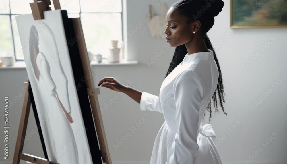 a young black woman artist paints a picture in her studio near an easel ...