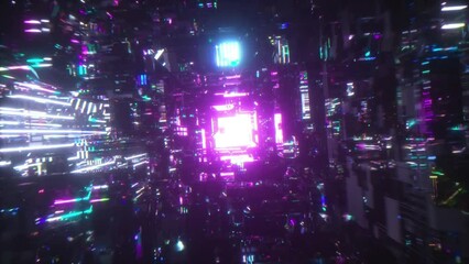 Poster - flight through the dark tunnel towards the purple neon light. laser glow. neon backgrounds 3d animat