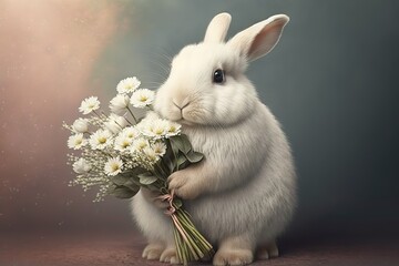 Wall Mural - Cute white bunny holding a bouquet of flowers