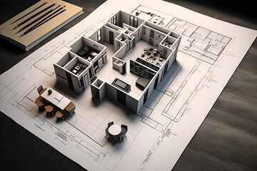 3d modelled building pops up over the 2 dimensional floor plan drawing. shallow dept of field. creat