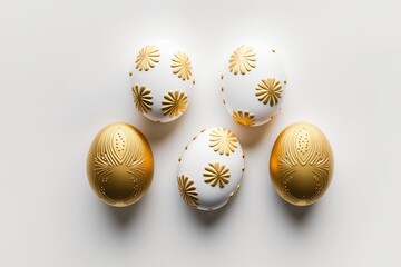 Wall Mural - Easter golden decorated eggs stand in a row on white background. Minimal easter concept. Happy Easter card with copy space for text. Top view, flatlay