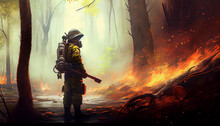 Firefighter Dropping Water In A Forest, Generative Ai