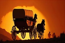A Horse And Wagon On A Trail In The Old West. Cowboy Movie. A Horse And Wagon On A Trail In The Old West. Sunset Scene In Cowboy Movie. Great For Stories Of The Wild West, Pioneers, Vintage America.