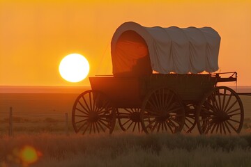 Wall Mural - A horse and wagon on a trail in the old West. Cowboy movie. A horse and wagon on a trail in the old West. Sunset scene in cowboy movie. Great for stories of the Wild West, pioneers, vintage America.