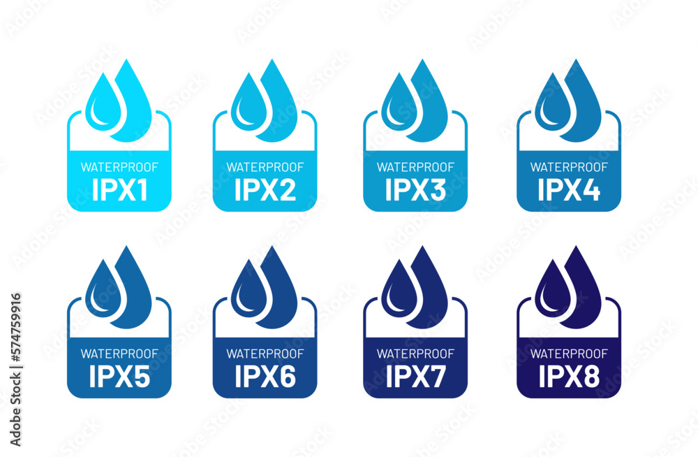 Waterproof ipx label set. Vector badge with drop of water symbol illustration. Rainproof standard material protection.