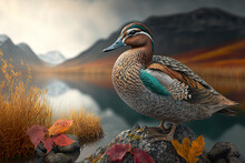 Photo Of A Eurasian Green Winged Teal, Generative Artificial Intelligence