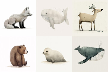 A set of six cute animals; mammal, aquatic mammal, birds from the area of Alaska, USA in watercolor, illustration made with Generative AI