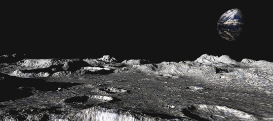 moon, panorama of the surface of the moon against the background of stars and the earth, 3d renderin