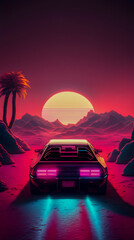 Wall Mural - Retrowave car landscape, synthwave illustration Generative AI	