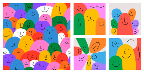 Wall Mural - diverse colorful people crowd seamless pattern illustration set. funny cartoon characters in cute ch