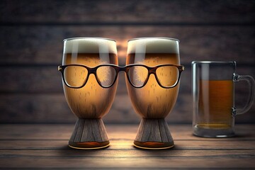 Canvas Print - Beer in two glasses and a wooden barel. Generative AI