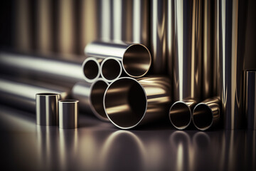 Heap of shiny metal steel pipes with selective focus - Generative AI