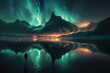 Man in the northern lights alone gorgeous natural night sky scenery with a lake. Generative AI