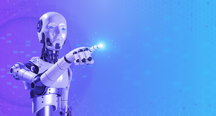 Poster - 3d rendering robot touching finger with glowing futuristic shine light on modern digital element background with copy space, cyberpunk style. Ai robotic, artificial intelligence human cyborg machine.