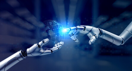Aufkleber - 3d rendering robot finger touching on virtual digital world holding by other robot's hand holding on blue background. Ai futuristic robotic cyborg on modern office place, machine learning concept.
