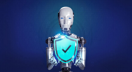 Aufkleber - 3d rendering smart robot showing virtual protection shield icon, holding by hands with digital lock and binary code on blue background. Ai robotic, cyber security, internet network technology concept.