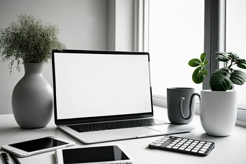 Poster - a white office desk with a blank laptop, other digital equipment, and decorations in side view. Generative AI