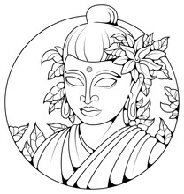 Outline Drawing. Buddha On A Light Background. Character With Flowers. Sticker.