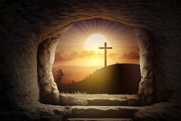 Wall Mural - Cave tomb with crucifixion cross at sunrise. Concept resurrection morning religion. Generation AI