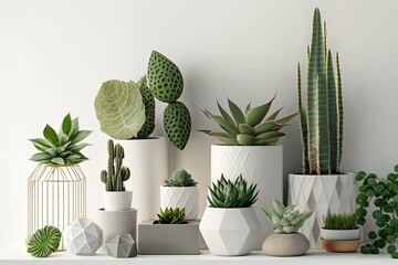 Canvas Print - Succulents, potted plants, white wall, copy space. Eco-living, houseplants, and hobby. Generative AI