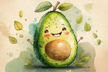 Watercolor cute smiling avocado cartoon character