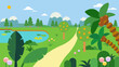 Tropical nature landscape with road.Summer natural scene with pond, orange trees, mountains, clouds, flowers, and palm trees.Vector illustration