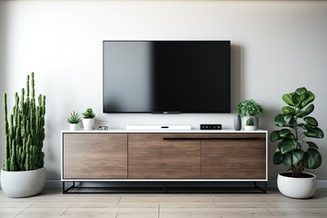 Wall Mural - LED TV mounted on cabinet in contemporary living room with background of white walls. Generative AI