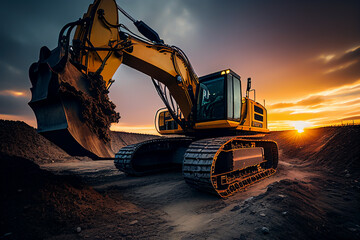 Poster - Excavator in open-pit mining. Biggest electrical excavator in opencast mine on sunset. Excavaon earthmoving. Construction machinery and equipment on earthworks, Ai Generative illustration.