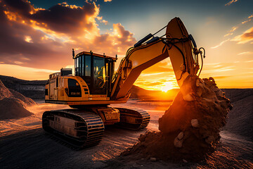 Wall Mural - Excavator in open-pit mining. Biggest electrical excavator in opencast mine on sunset. Excavaon earthmoving. Construction machinery and equipment on earthworks, Ai Generative illustration.