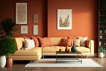 Coral Or Terracotta Living Room Accent Sectional Sofa. The Walls Are Dark Beige. Great Art Gallery Location. Colorful House Interior Mockup. Generative AI