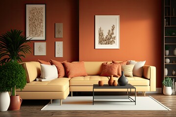 coral or terracotta living room accent sectional sofa. the walls are dark beige. great art gallery l