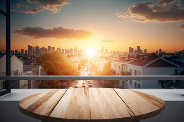 Wall Mural - picture perfect sunset on a balcony with a wooden table and a landscape to advertise your product. Generative AI