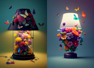 Wall Mural - Beautiful lamps surrounded by colorful flowers and butterflies. Isolated composition. Fresh design for advertising, collection