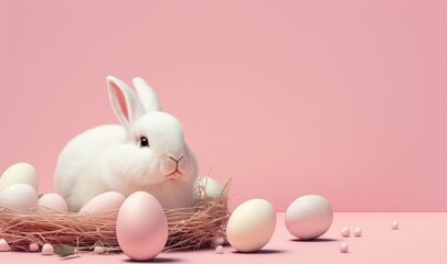 Wall Mural -  a white rabbit sitting in a nest with eggs on a pink background with a pink background and a pink backdrop with a pink background and white backdrop.  generative ai