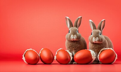 Wall Mural -  a couple of rabbits sitting next to each other in front of red eggs on a red background with a red background and a red background.  generative ai