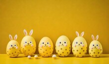  A Row Of Painted Eggs With Faces Of Rabbits In Front Of A Yellow Background With Polka Dots And Polka Dots On The Eggs, All Of Which Are Lined Up In A Row.  Generative Ai
