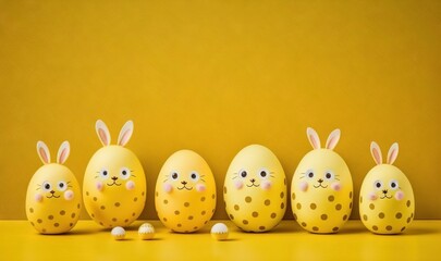  a row of painted eggs with faces of rabbits in front of a yellow background with polka dots and polka dots on the eggs, all of which are lined up in a row.  generative ai