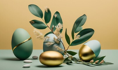  a group of eggs sitting on top of a table next to a green leafy plant and two eggs with gold rims on them.  generative ai