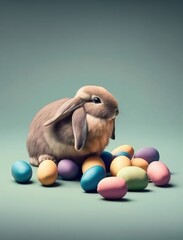 Wall Mural -  a rabbit sitting on top of a pile of eggs with colored eggs around it on a green background with a gray background and a gray background.  generative ai