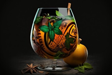 Poster - Spiced pumpkin drink perfect for the fall. An autumn winter sangria made with gin, pumpkin, lime, cinnamon, and mint, on a black backdrop with copy space. Generative AI