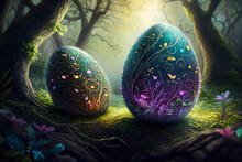 Surreal Easter Eggs In A Mystical Wonderland - Happy Easter Magic - Generative Ai